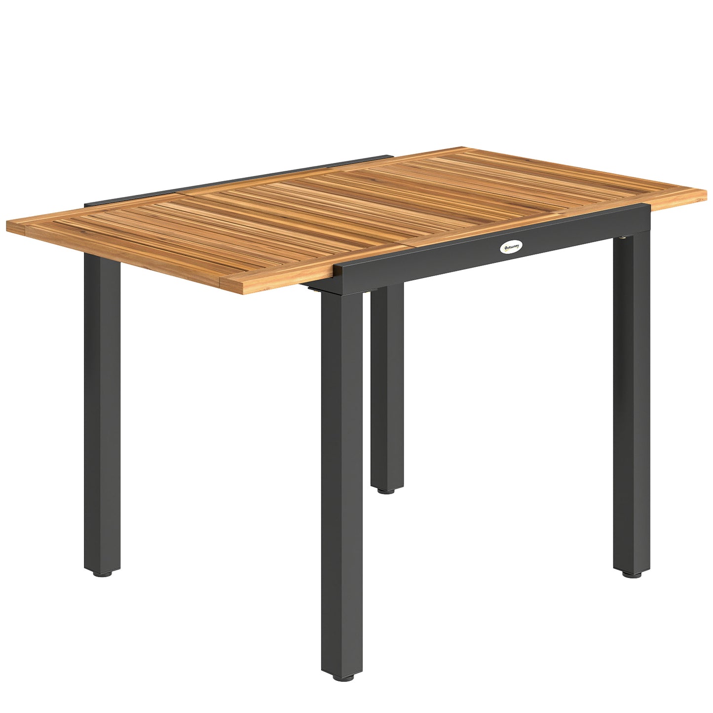 Expandable Acacia Wood Garden Dining Table | Black Powder-Coated Steel Frame | Extends 80-120cm | Adjustable Foot Pads | 50kg Capacity | No Assembly Required | 120x70x75cm | Natural & Black