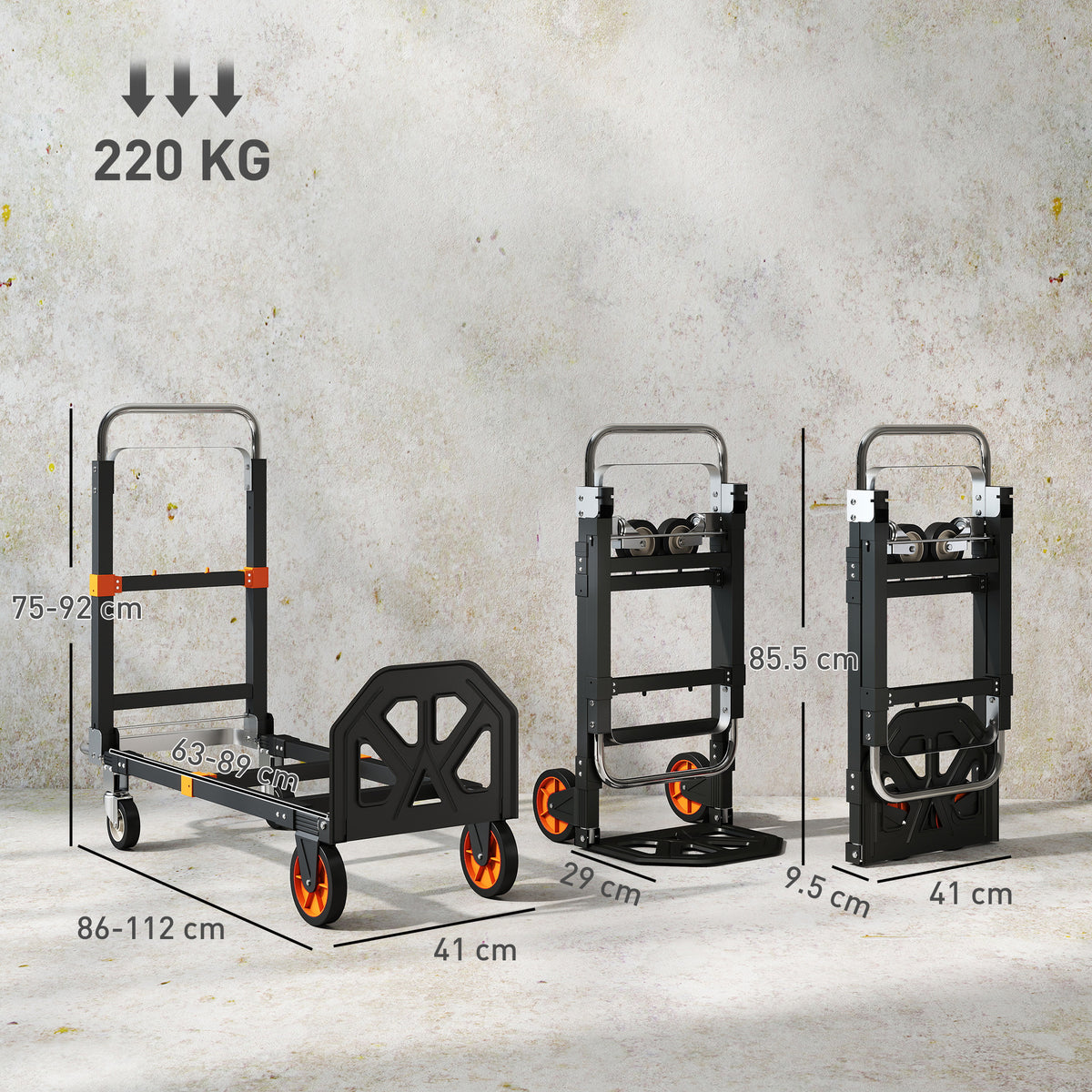 2-in-1 Folding Sack Truck & Platform Trolley | 220kg Flatbed / 120kg Upright | Extendable Frame & Telescopic Handle | Black & Orange