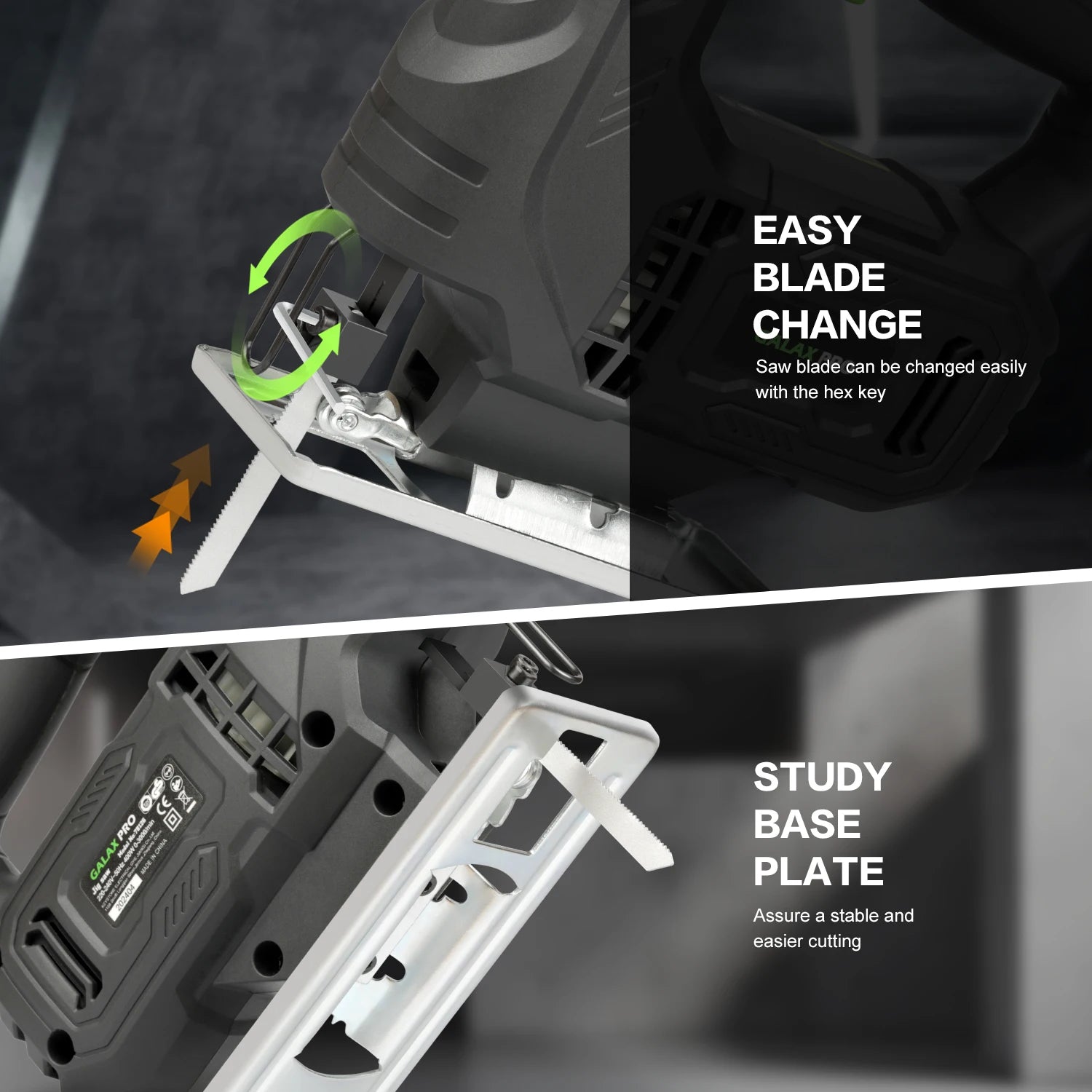 GALAX PRO Jig Saw 400W Powerful Motor 3000 RPM Electric Saber Saw Tool Adjustable ±45° Bevel Cut for DIY Woodworking Carpenter