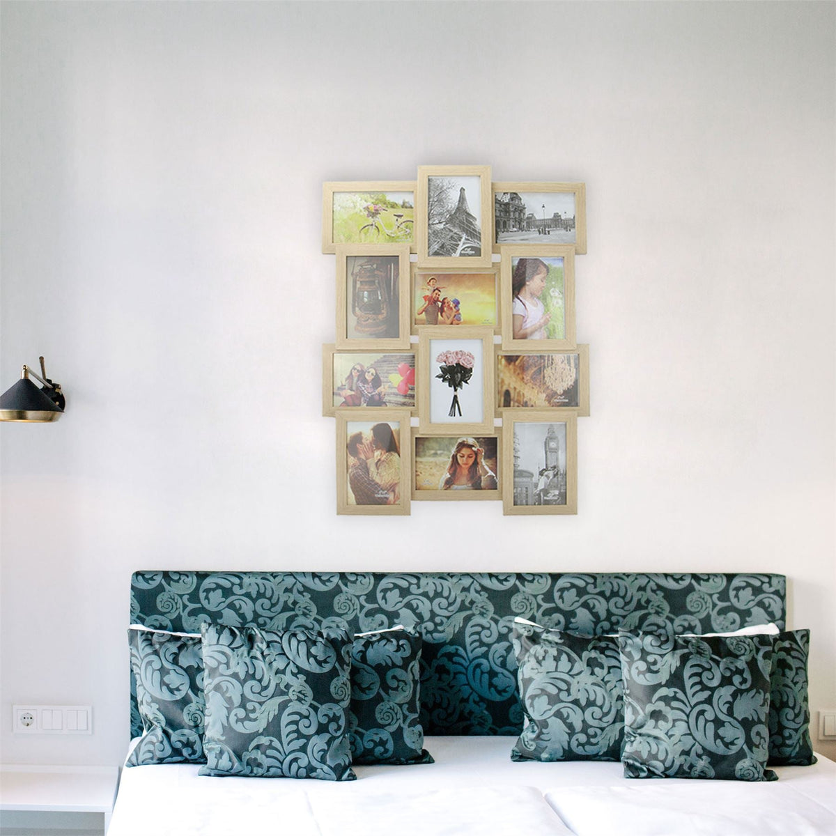 Maison & White 12 Photo Collage Frame | Oak Finish MDF | 6 Landscape & 6 Portrait | 6x4" Photos | Glass-Fronted | Wall-Mounted | 54x42x4cm | Landscape or Portrait Hanging | 2-Year Warranty