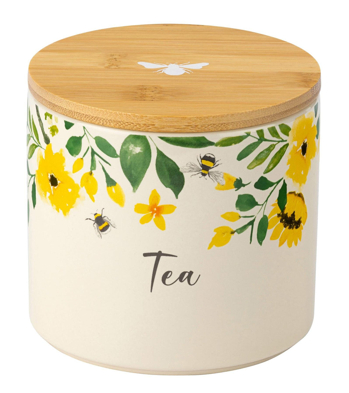 Maison & White Bee-Beautiful Tea Canister | Ceramic Kitchen Storage | Yellow Floral & Bumblebee Design | Printed Bamboo Lid