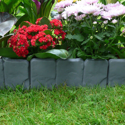 Pukkr Grey Stone Effect Lawn Edging Pack of 20 | Interlocking ABS Plastic | 24x10cm Per Panel | 13cm Stake | Push-In No Tools | Weed Barrier | Flower Bed Border Patio | 2-Year Warranty