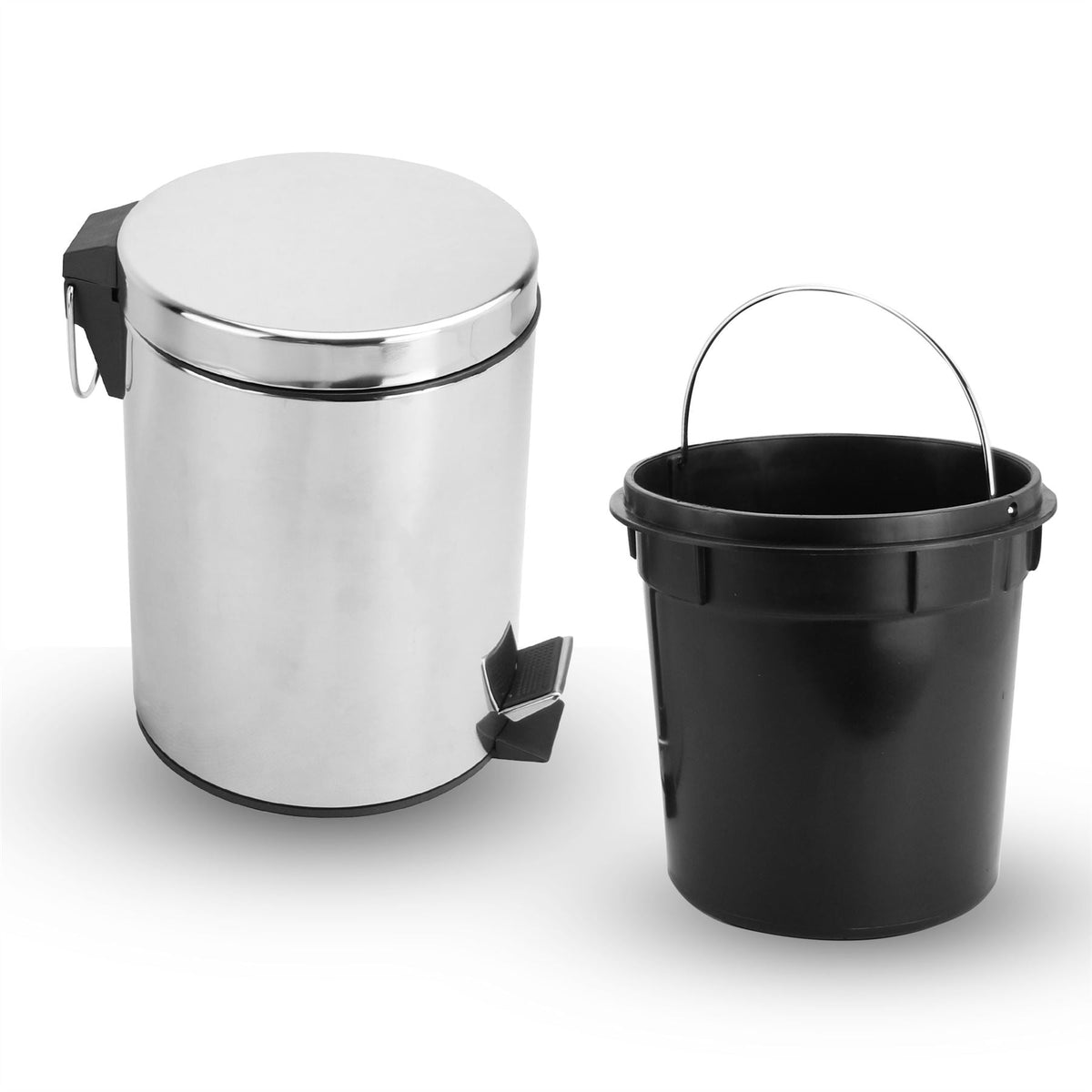 Maison & White 5L Stainless Steel Pedal Bin | Polished Silver Round Bathroom Waste Bin | Removable Inner Bucket | 28.5cm