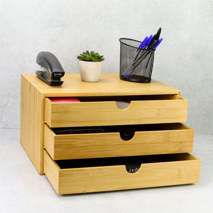Maison & White Bamboo Desktop 3-Drawer Organiser | Wide Opening Drawers | Clear Varnish Finish | Easy Wipe | Eco-Friendly | Desk Office Home Dressing Table | 25.3x33.3x18.5cm | 2-Year Warranty