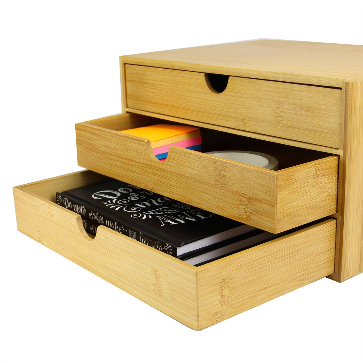 Maison & White Bamboo Desktop 3-Drawer Organiser | Wide Opening Drawers | Clear Varnish Finish | Easy Wipe | Eco-Friendly | Desk Office Home Dressing Table | 25.3x33.3x18.5cm | 2-Year Warranty