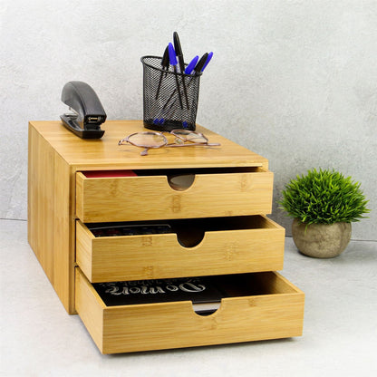 Maison & White Bamboo Desktop Organiser | 3 Shallow Drawers with Finger Pulls | Varnished Stationery & Accessory Storage