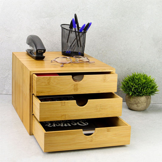 Maison & White Bamboo Desktop Organiser | 3 Shallow Drawers with Finger Pulls | Varnished Stationery & Accessory Storage