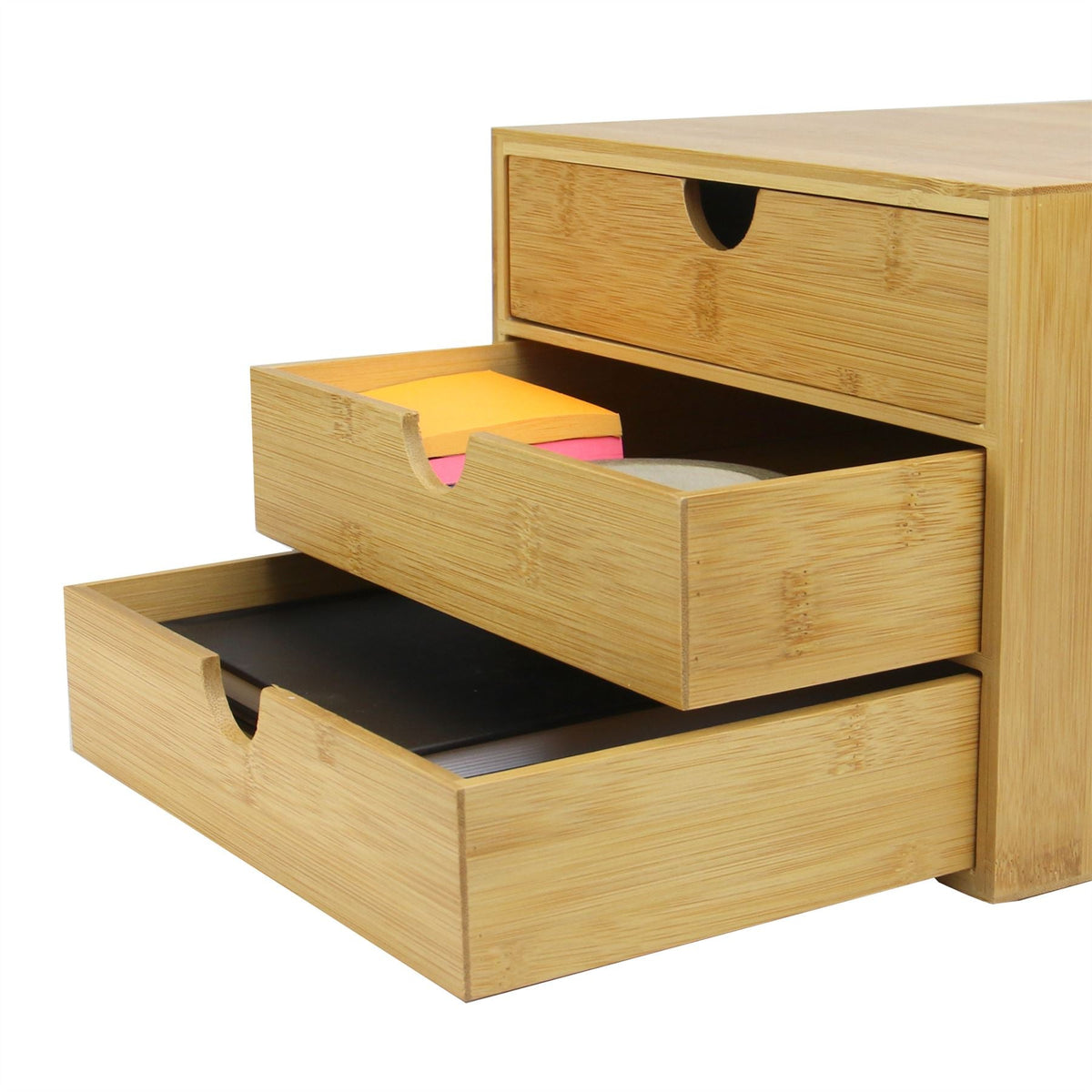 Maison & White Bamboo Desktop Organiser | 3 Shallow Drawers with Finger Pulls | Varnished Stationery & Accessory Storage