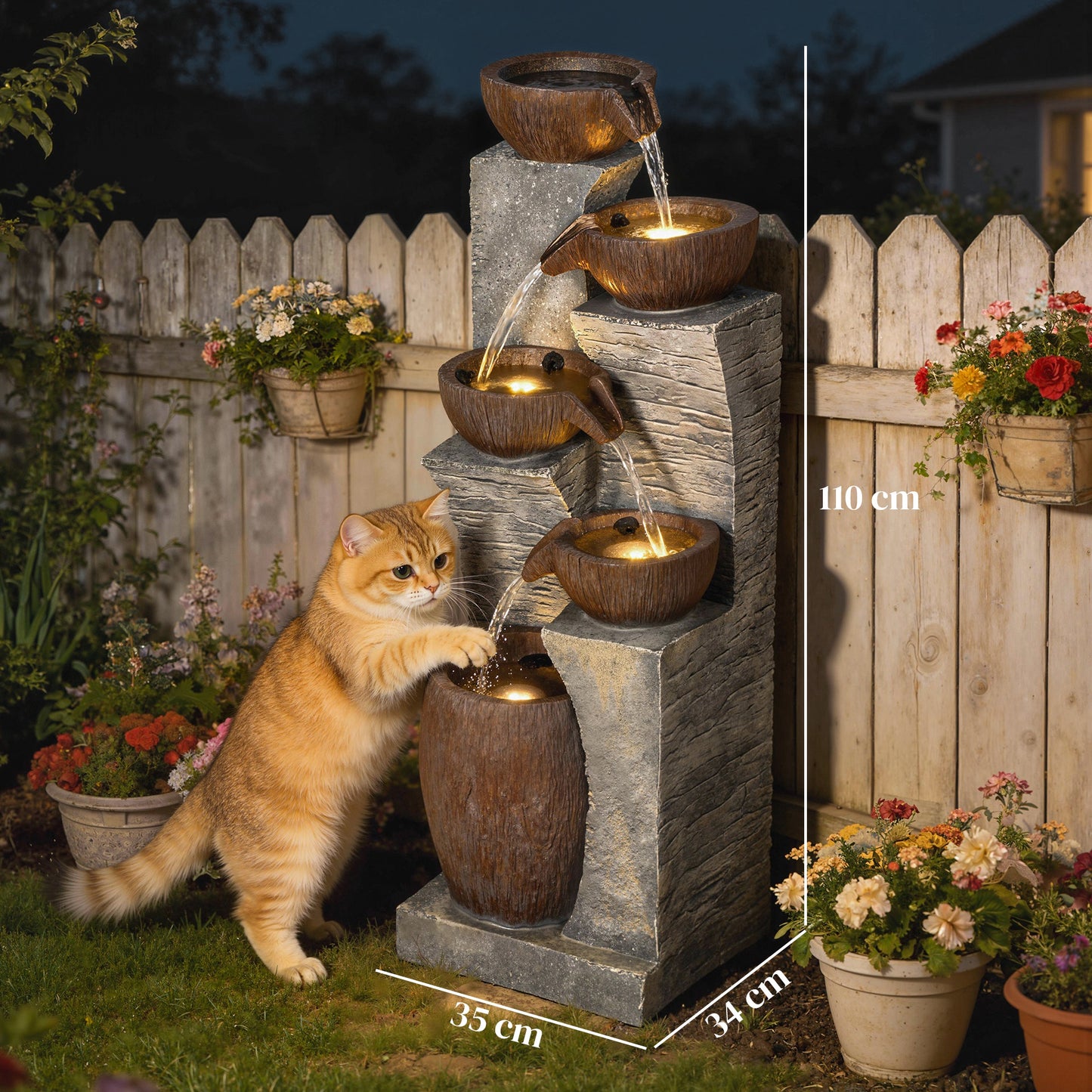 Tall 5-Tier Jug-Style Resin Waterfall Fountain | Hand-Painted Rustic Finish | Warm LED Lights | 3-Speed Adjustable Pump | 16W | 230V | 3m Cable | 35x34x110cm | Garden & Patio | Grey & Rustic Brown
