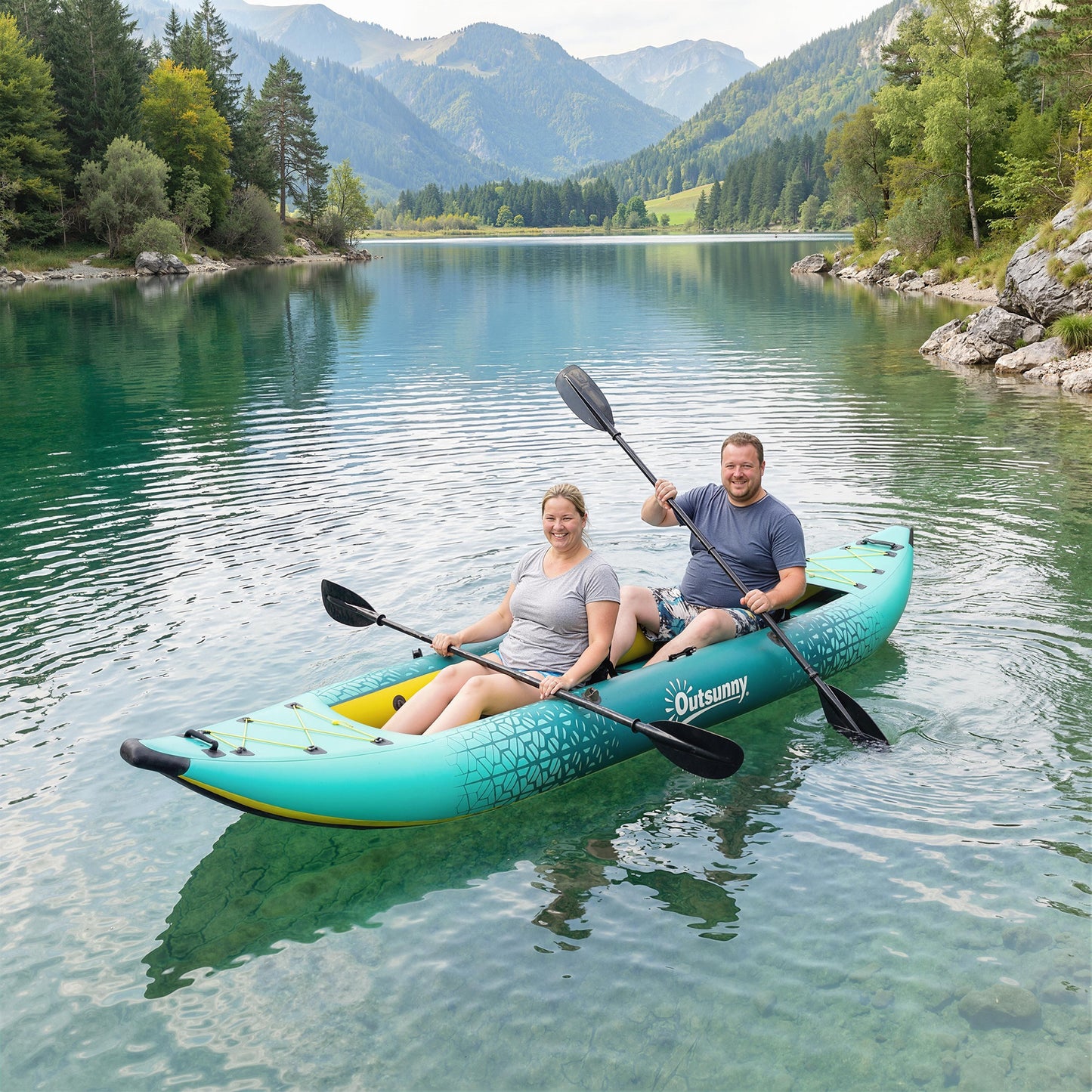 Inflatable Tandem Kayak Set | 2-Person | 381cm | Drop-Stitch Floor | Adjustable Seats | 230kg | Aluminium Oars | Blue & Yellow