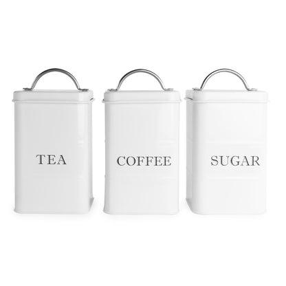 Stainless Steel Tea Coffee Sugar Canisters | Set of 3 | Airtight Lids | Labelled | Vintage Design | 17x10x10cm | 2-Year Warranty | White