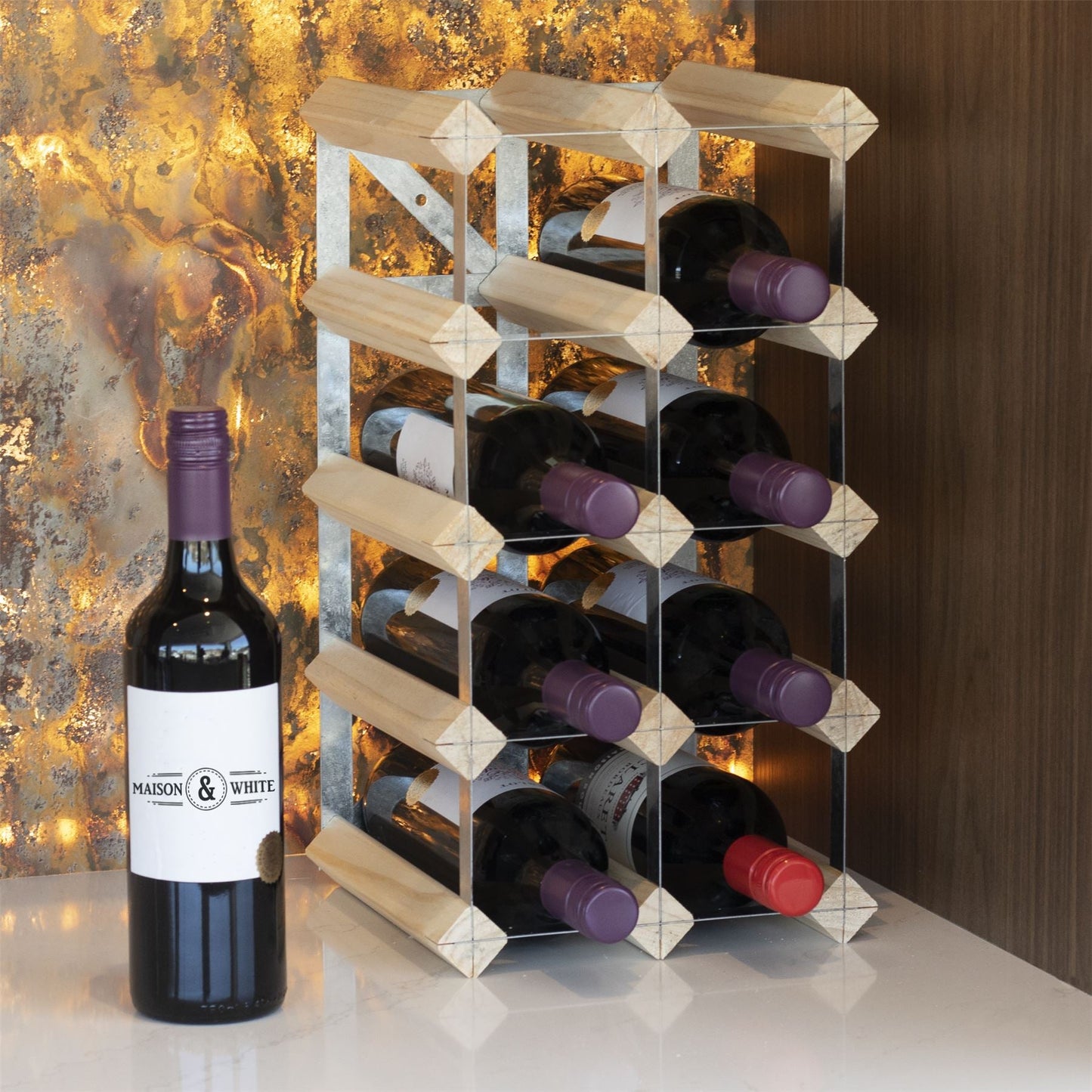 Wood & Metal Wine Rack | 10-12 Bottle Capacity | Freestanding or Wall Mounted | Vertical or Horizontal | All Bottle Types | 42x22x23cm | 2-Year Warranty