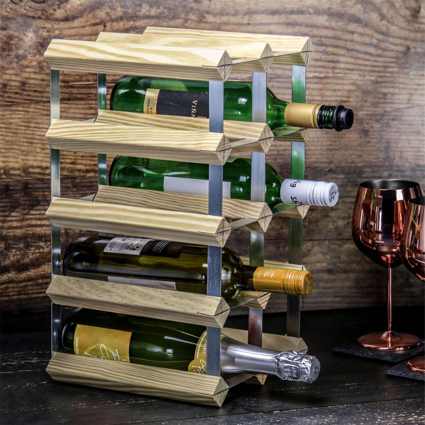 Wood & Metal Wine Rack | 10-12 Bottle Capacity | Freestanding or Wall Mounted | Vertical or Horizontal | All Bottle Types | 42x22x23cm | 2-Year Warranty