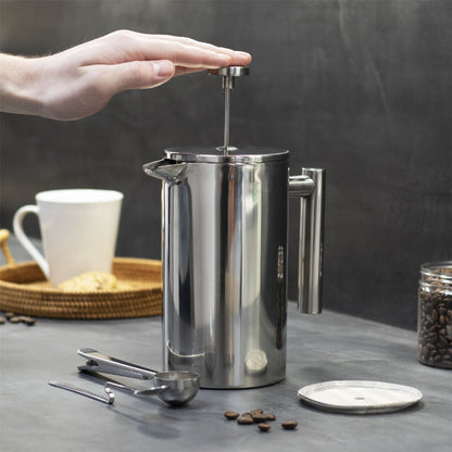 Maison & White French Press Cafetiere | 1000ml | Double-Walled Stainless Steel | Keeps Warm 2hrs | 7-Piece Set | 3 Filters 2 Spoons Scoop Clip | Hand Wash | 2-Year Warranty