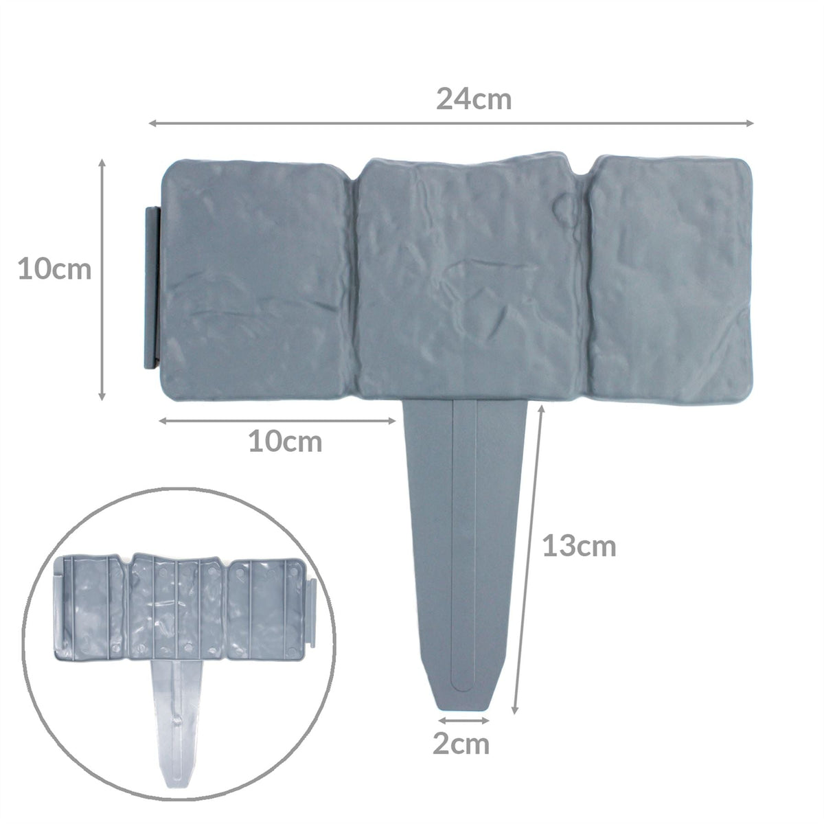 Pukkr Grey Stone Effect Lawn Edging Pack of 20 | Interlocking ABS Plastic | 24x10cm Per Panel | 13cm Stake | Push-In No Tools | Weed Barrier | Flower Bed Border Patio | 2-Year Warranty