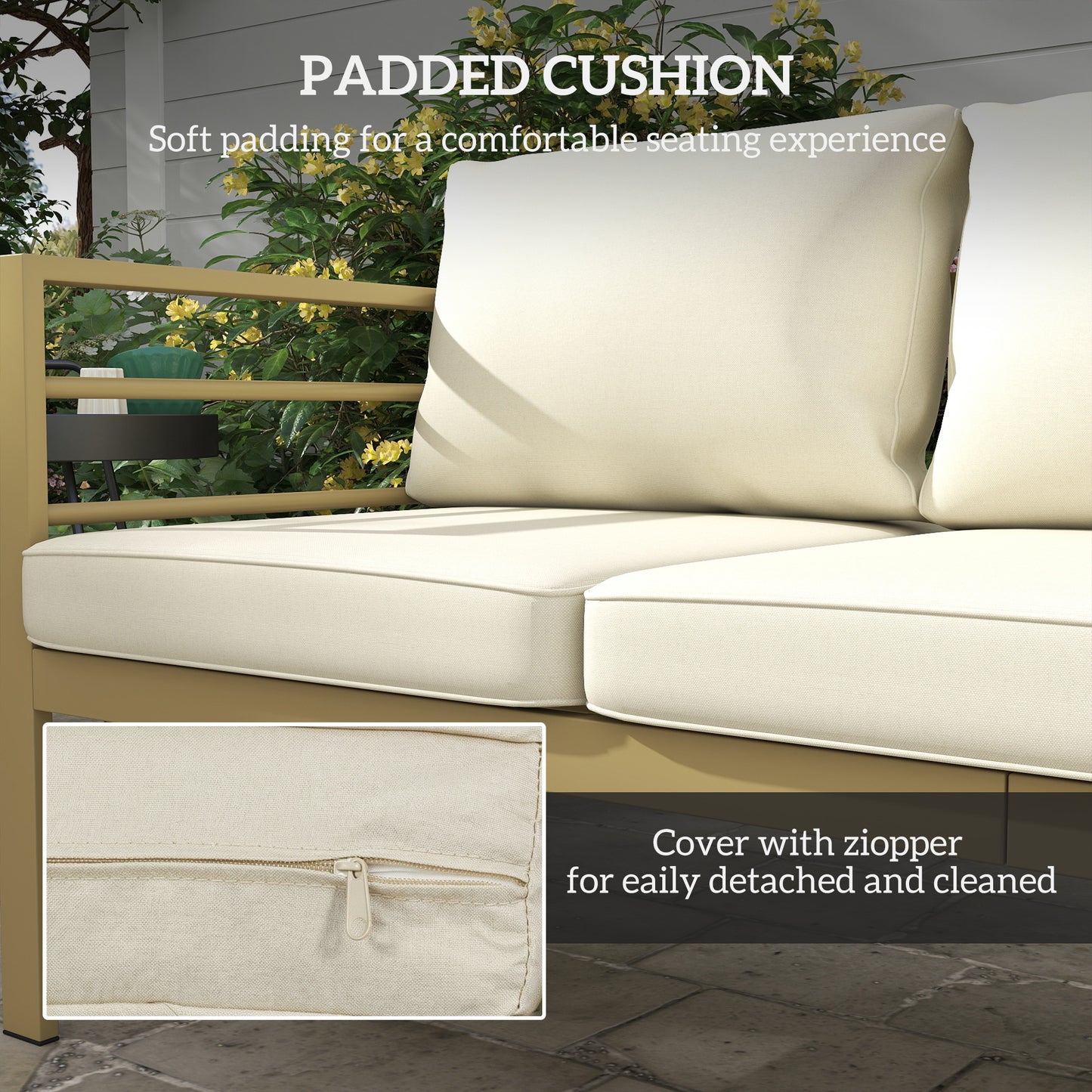 3-Seater Garden Bench Sofa | Thick Cushions | Aluminium Frame | Cream White | 185cm