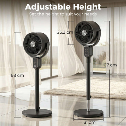 Pedestal Standing Fan | Turbo Mode | 20dB Sleep Mode | 8 Speeds | 16m³/min Airflow | 90° Oscillation | Aromatherapy Pad | Detachable Washable Grill | 5m Remote | 12H Timer | 50W | 83-107cm | Black