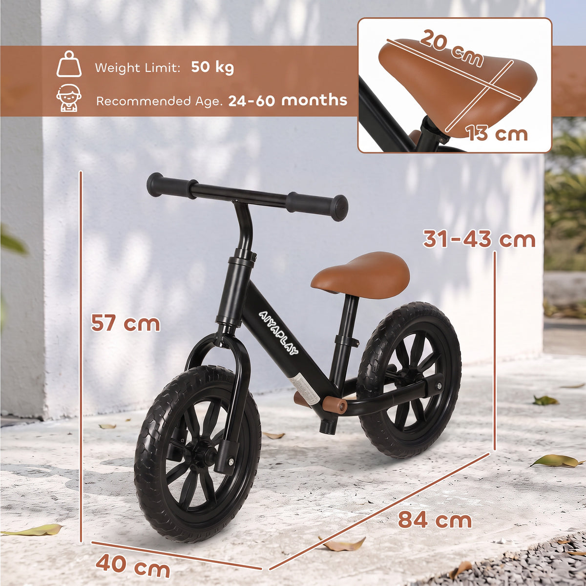AIYAPLAY Kids Balance Bike | Black or Pink | 84x40x57cm | Ø28.5cm Light-Up EVA Wheels | Seat 31-43cm | Handlebar 56-59cm | 50kg Max | Steel Frame | Age 24-60 Months