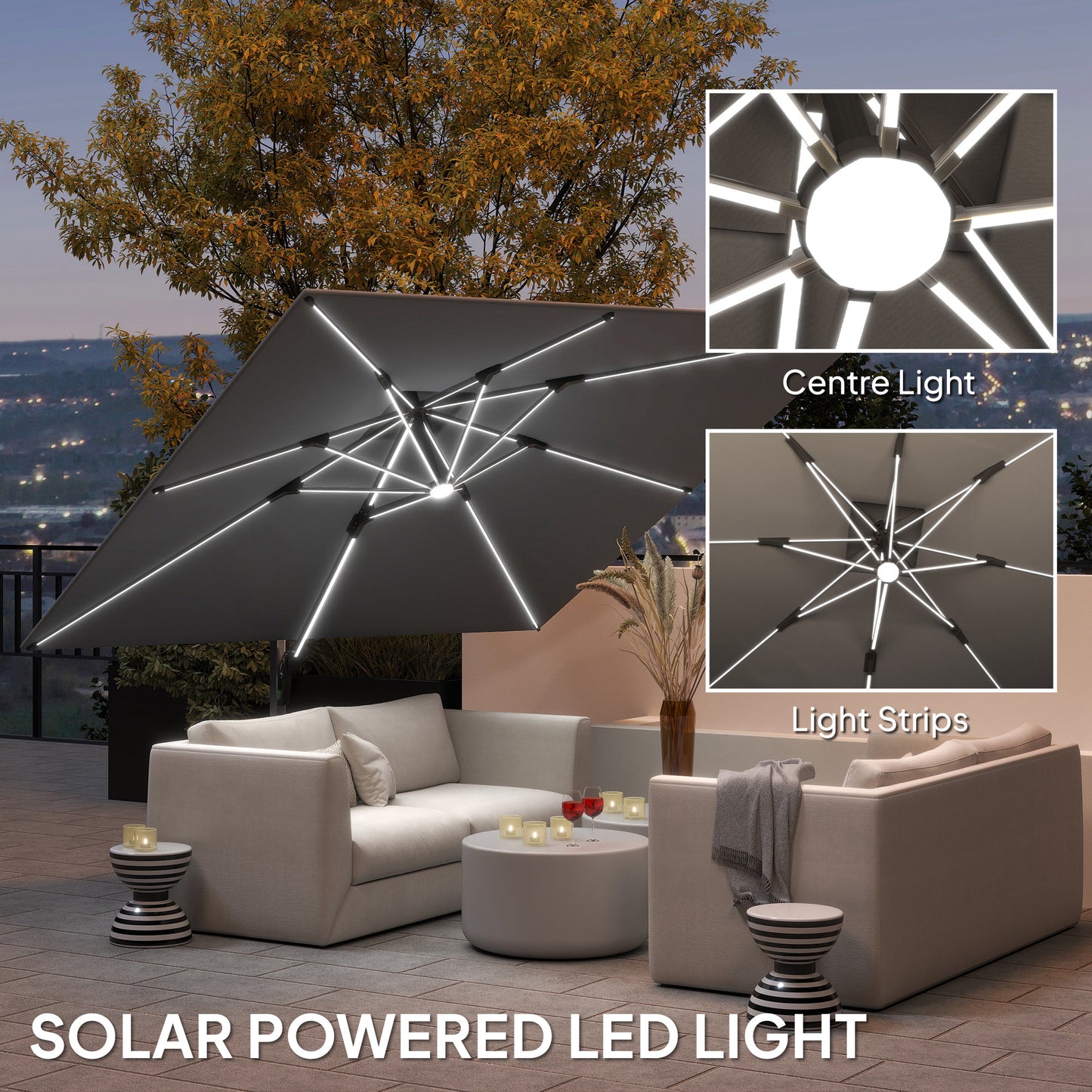 Outsunny 3(m) Garden Cantilever Parasol with Solar LED Lights, Cross Base, 360° Rotation, Crank Handle and Tilt, Grey