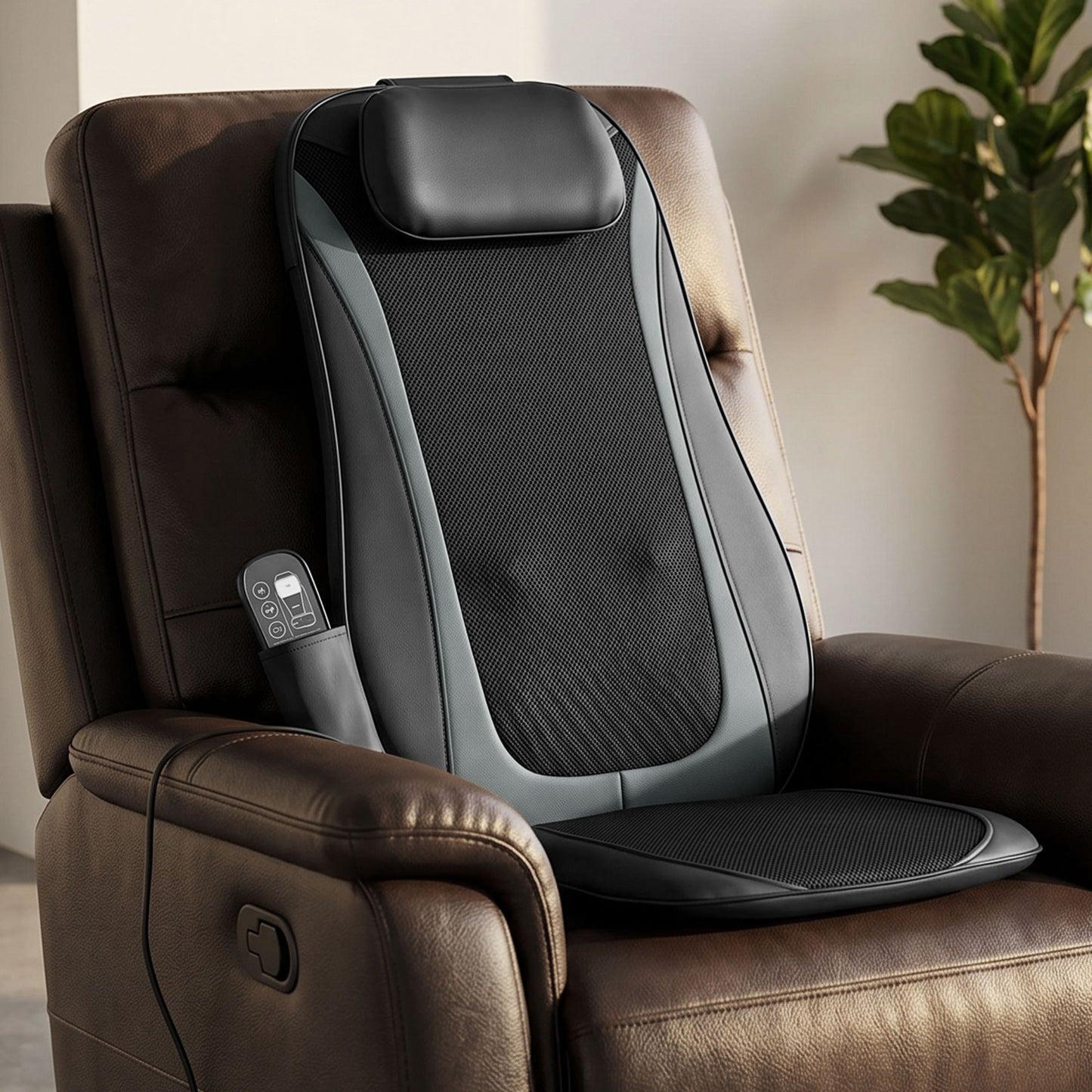 Shiatsu Back Massager Chair Pad | 4 Kneading Nodes | Spot Function | Heat | 3-Level Vibration | Car & Home | Black