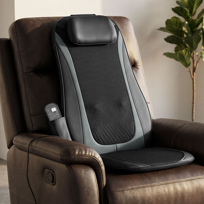Shiatsu Back Massager Chair Pad | 4 Kneading Nodes | Spot Function | Heat | 3-Level Vibration | Car & Home | Black