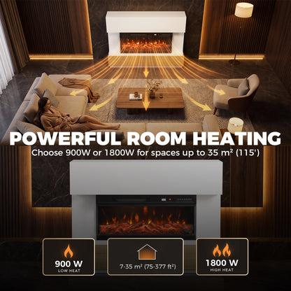 117cm Three-Sided Electric Fireplace Suite | White Surround & Wood-Effect Base | 900/1800W, 12 Flame Colours, Remote & 8-Hour Timer