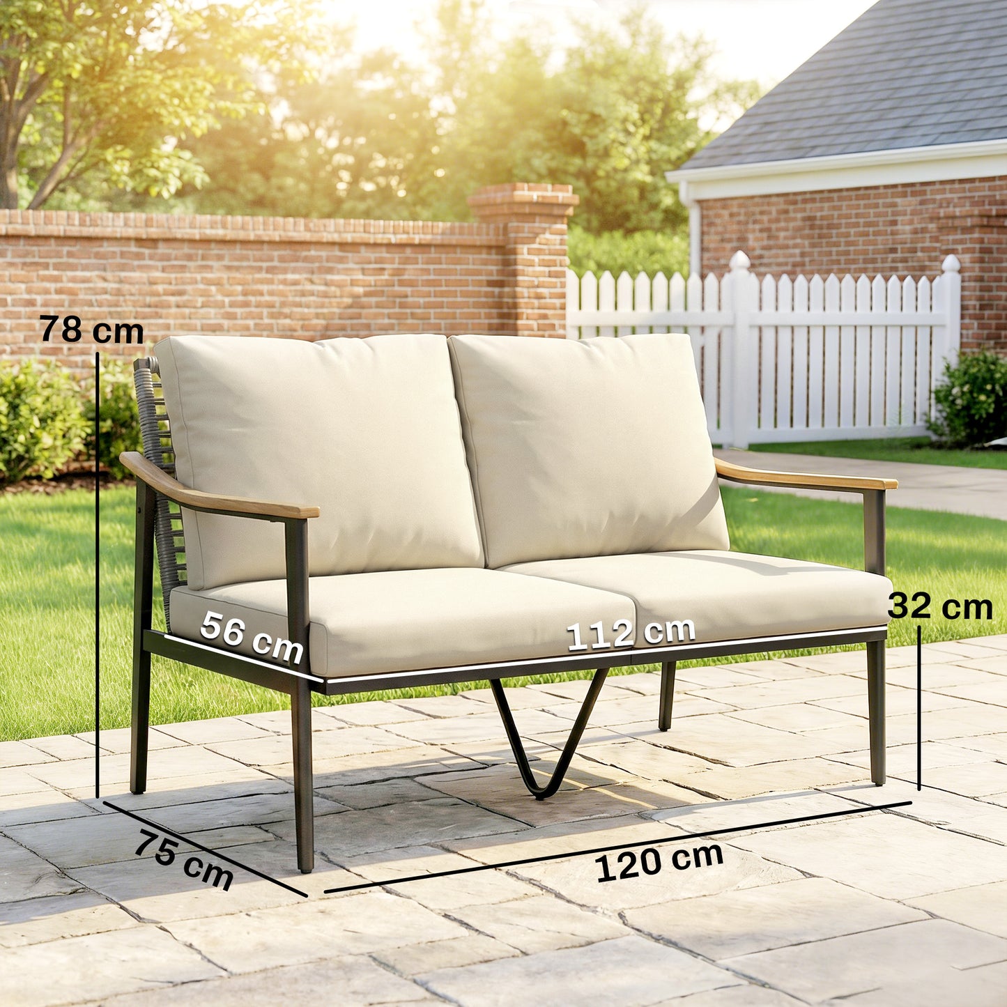 2 Seater Rattan Garden Sofa | Wood-Effect Armrests | Cut-Out PE Rattan Backrest | 8cm Seat & 12cm Back Cushions | Steel Frame | 240kg | 120x75x78cm | Khaki