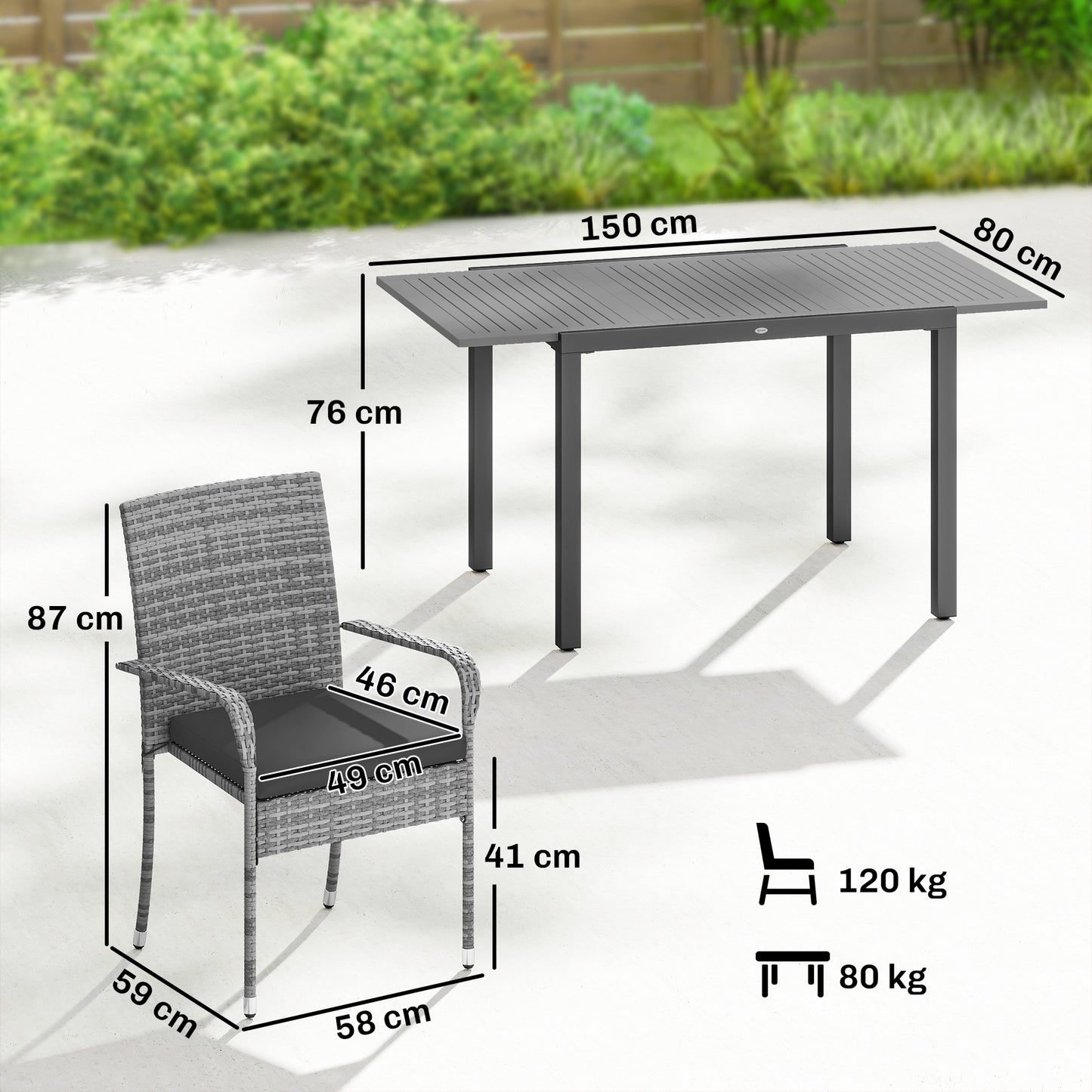 7-Piece Rattan Garden Furniture Set | 6 Seater | Extendable Acacia Wood Table 100-150cm | 6 Stackable High-Back Armchairs | Washable Cushion Covers | PE Rattan & Steel Frame | Light Grey