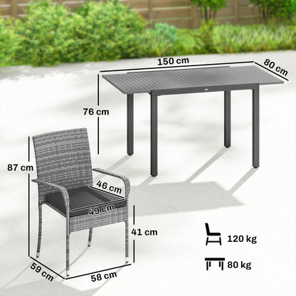 7-Piece Rattan Garden Furniture Set | 6 Seater | Extendable Acacia Wood Table 100-150cm | 6 Stackable High-Back Armchairs | Washable Cushion Covers | PE Rattan & Steel Frame | Light Grey