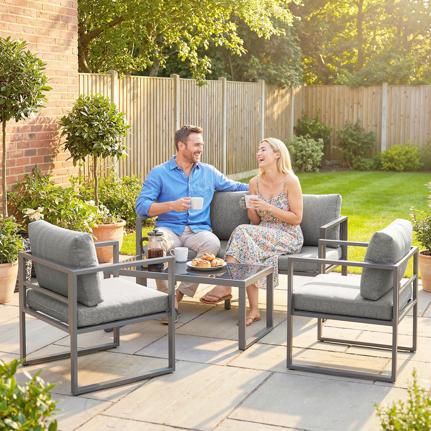 4-Piece Garden Sofa Set | 3-Seater Sofa | 2 Armchairs | Tempered Glass Coffee Table | Powder-Coated Aluminium Frame | 8cm Seat & 12cm Back Cushions | Anti-Slip Straps | Washable Zip Covers | 360kg Sofa Capacity | Dark Grey