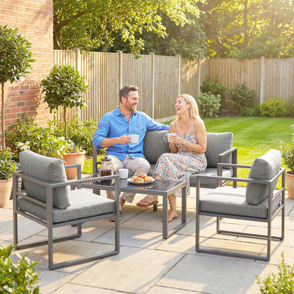 4-Piece Garden Sofa Set | 3-Seater Sofa | 2 Armchairs | Tempered Glass Coffee Table | Powder-Coated Aluminium Frame | 8cm Seat & 12cm Back Cushions | Anti-Slip Straps | Washable Zip Covers | 360kg Sofa Capacity | Dark Grey