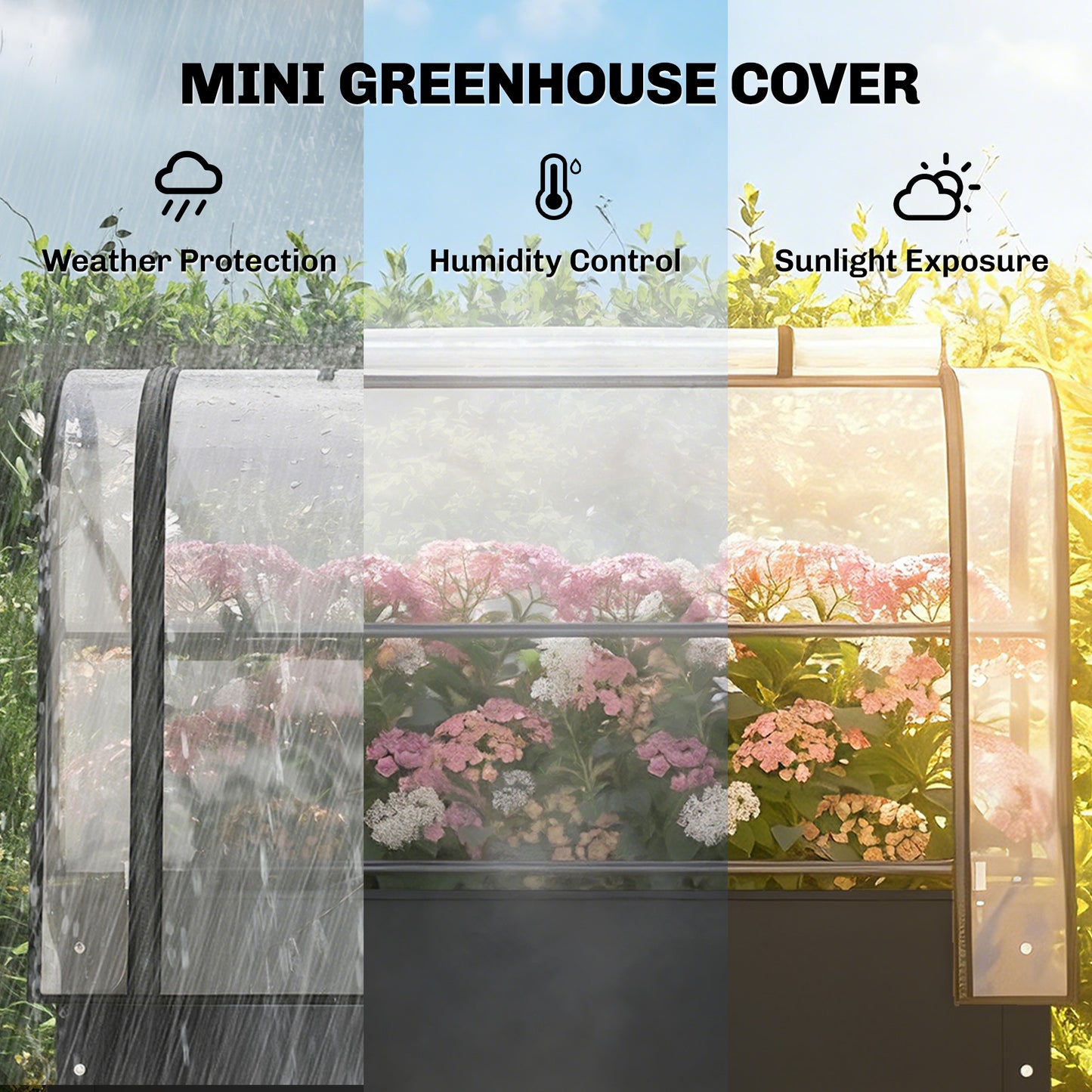 Raised Garden Bed on Legs with Flip-Up Greenhouse Cover | Transparent | Zipped Roll-Up Door | Removable Cover | 0.6mm Metal | Drainage Hole | 80kg | 100x49x136cm | Black