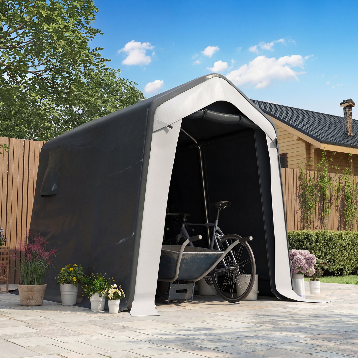 Garden Storage Shed Tent | 1.8x2.4m | Waterproof UV30+ | Galvanised Frame | Roll-Up Door | 2 Mesh Vents | Motorbike & Bike Storage | Grey