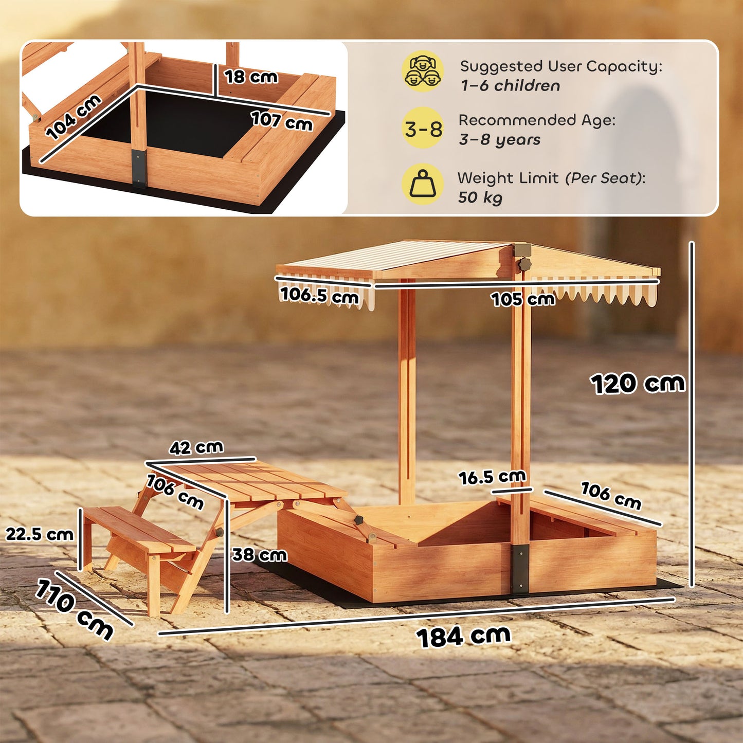 Kids Sand Pit with Canopy & Picnic Table – Fits 6 Children, 265kg Sand Capacity, UV-Proof Adjustable Canopy, Solid Fir Wood, EN71 Tested, Ages 3–8