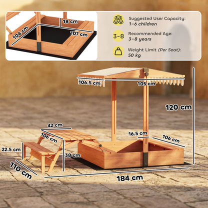 Kids Sand Pit with Canopy & Picnic Table – Fits 6 Children, 265kg Sand Capacity, UV-Proof Adjustable Canopy, Solid Fir Wood, EN71 Tested, Ages 3–8