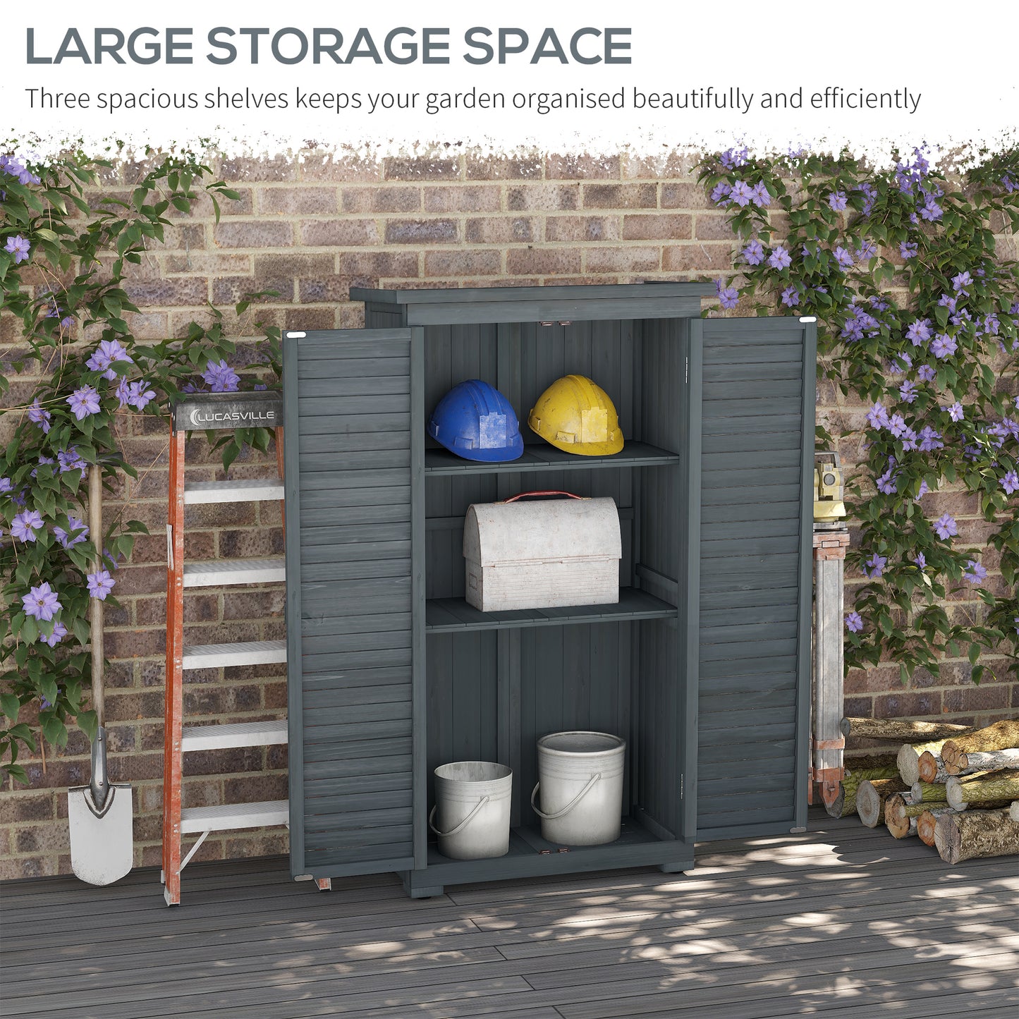 Outsunny Wooden Small Shed, Garden Storage Shed with 3 Shelves, Asphalt Roof and Shutter Doors, Grey