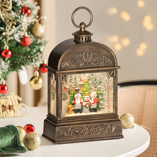Christmas Snow Globe Lantern with Lights and Music, Swirling Glitter, Battery Operated Musical Decoration for Holiday Party Gift, Bronze Tone