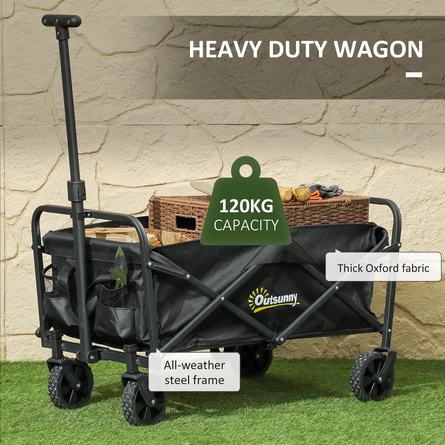 62L Festival Trolley on Wheels, Garden Folding Trolley Cart, 120kg Heavy Duty Collapsible Folding Wagon with Carrying Bag for Beach, Camping,