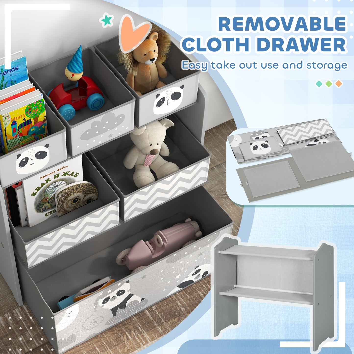 ZONEKIZ Kids Table and Chairs, Kids Storage Unit and Kids Easel Set, Cute Animal Design Kids Activity Furniture Set for Ages 3-8 Years, Grey