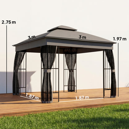3x3m Permanent Garden Gazebo & Pavilion | Double-Tier UPF50+ Roof | Mesh Panels | Corner Shelves | Grey