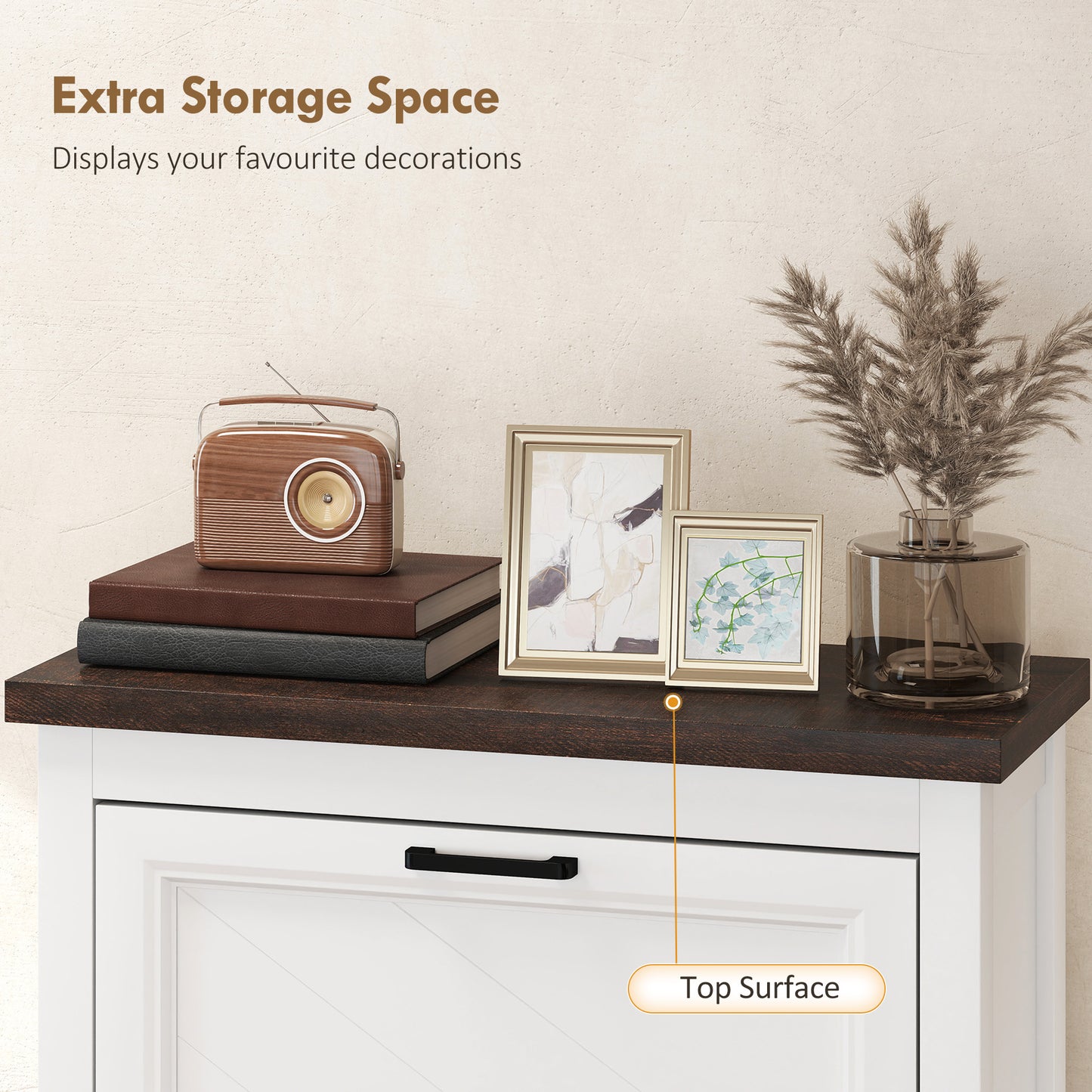 Farmhouse Narrow Shoe Cabinet | 2 Flip Drawers | 8-12 Pairs | White
