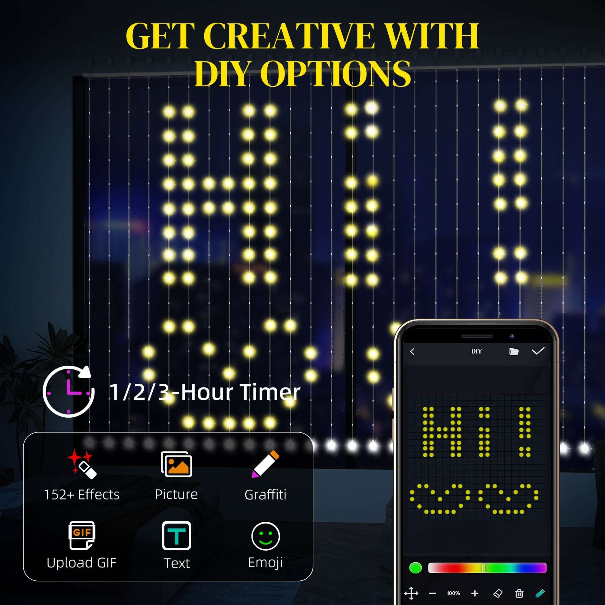 LED Curtain Lights, Smart Curtain lights Plug In, Colour Changing Wall Lights with Remote,Hanging Window String Lights for Bedroom, 3x3(m),400 LED