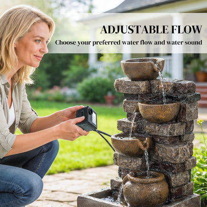 5-Tier Resin Cascading Waterfall Fountain | Hand-Painted Weathered Stone Look | 4 Warm LED Lights | 3-Speed Adjustable Pump | 5W | 230V | 3m Cable | 31x25.5x72cm | Garden Patio & Balcony | Rustic Brown