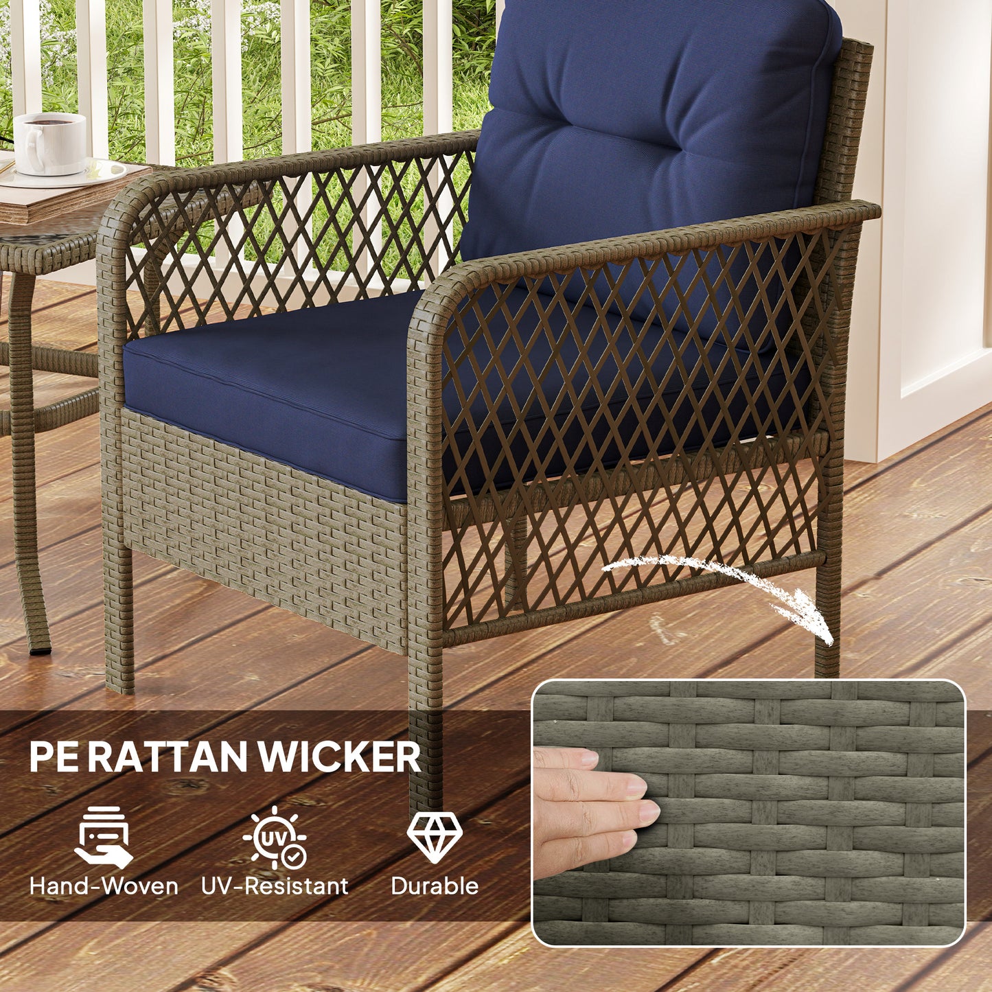 3 Pieces Rattan Bistro Set with Glass Top Coffee Table, Chairs and Cushions for Outdoor, Patio, Balcony, Charcoal Grey