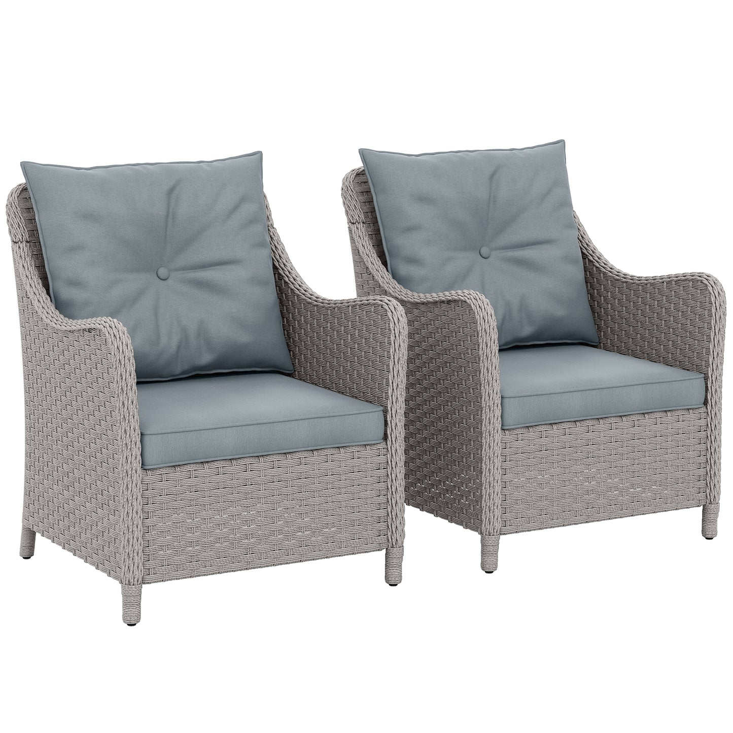 Outsunny Rattan Garden Chairs Set of 2, Outdoor Rattan Chairs with Cushions, Armrests and High Back, PE Wicker Garden Armchair with Steel Frame for Balcony, Porch