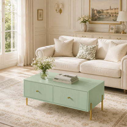 Modern Coffee Table with 2 Drawers | Light Green & Gold Tone | Particleboard Metal Legs | 100x50x43cm | 30kg | Melamine Surface | Metal Slide Runners | Living Room Bedroom