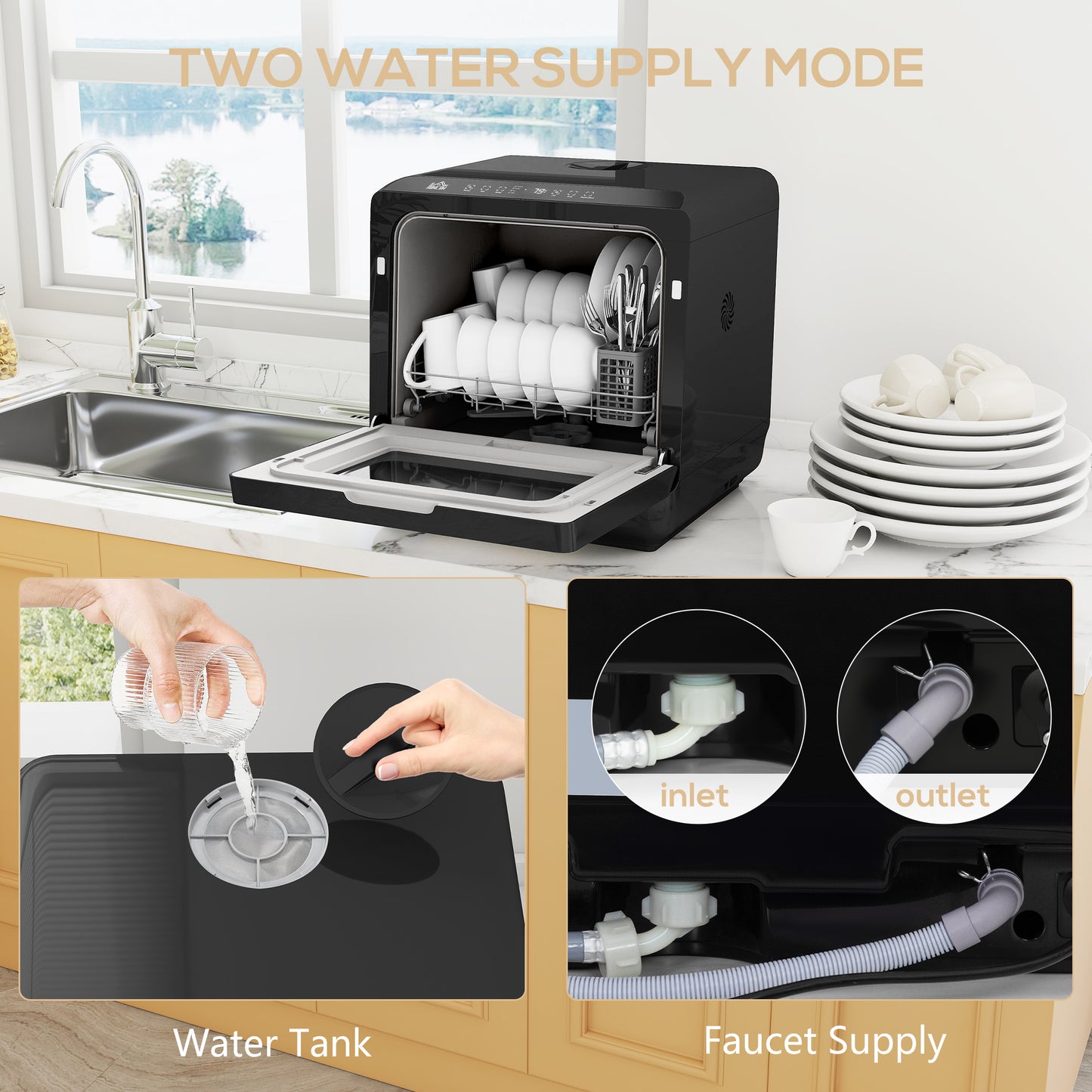 Table Top Dishwasher with Built-in 6L Water Tank, Mini Countertop Dishwasher with 6 Programs, 4 Place Settings, Black