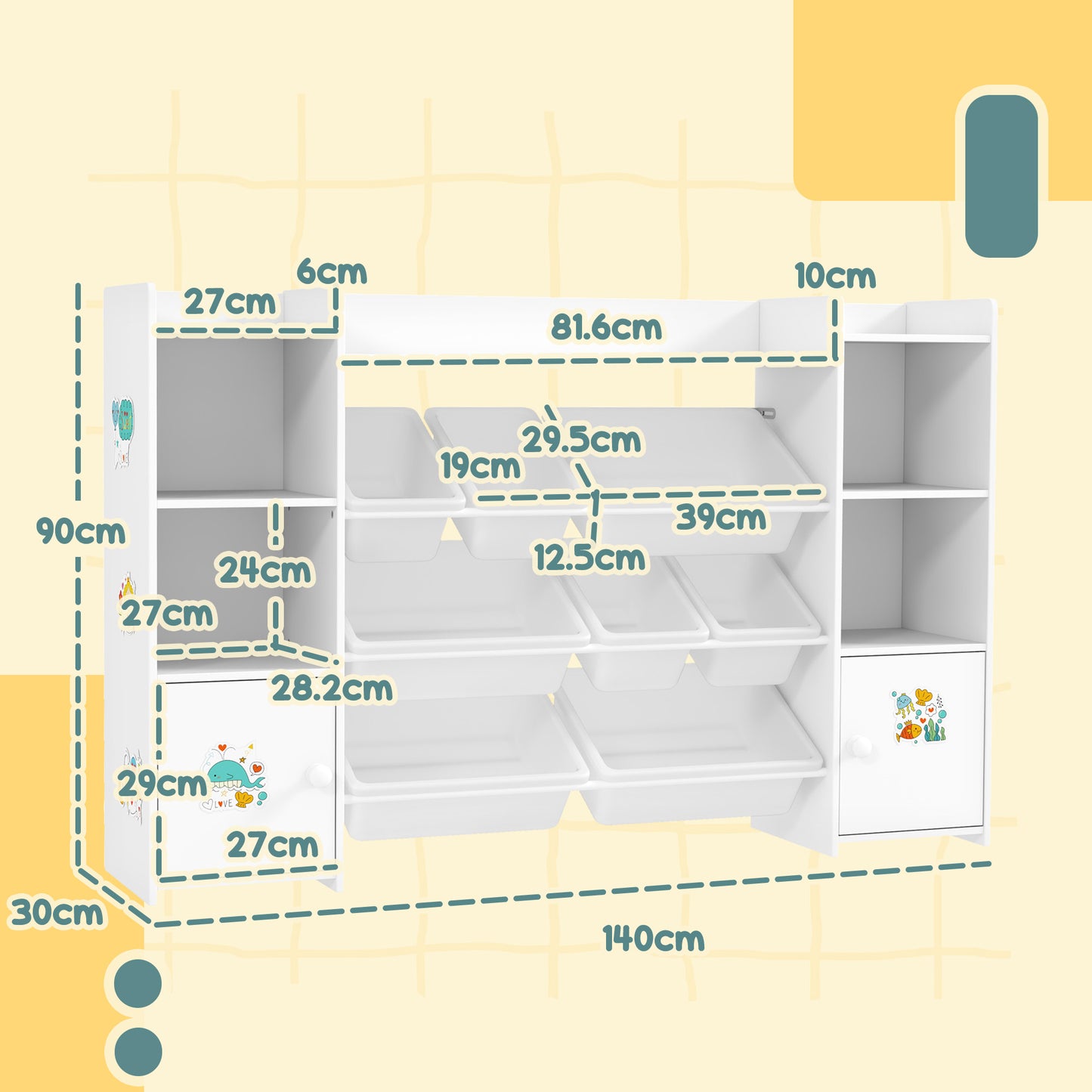 AIYAPLAY Kids Toy Organisers and Storage with 8 Removable Storage Bins and Bookshelf, White