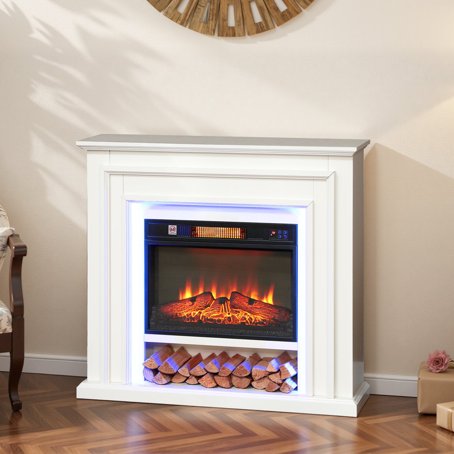 Electric Fireplace with RGB LED Lights, Realistic Flame Effect & 3 Brightness Levels, 1800W Inset Electric Fire and Mantel Reach up to 30 m² Space with Remote & Timer for Living Room, White