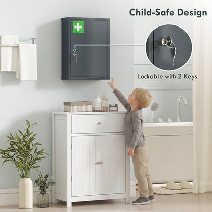 Kleankin Locking Medicine Cabinet | Smoke Grey Cold-Rolled Steel | 40x15x53.5cm | 3 Tiers | Lock & 2 Keys | Wall-Mounted | First Aid Cross | 15kg | No Assembly